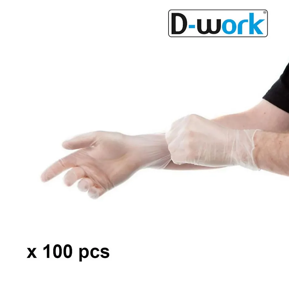 D-Work 100 Gants Vinyle Micro Poudrés Taille L (8/9) Résistants, Confortables et Polyvalents pour Usage Alimentaire - New
