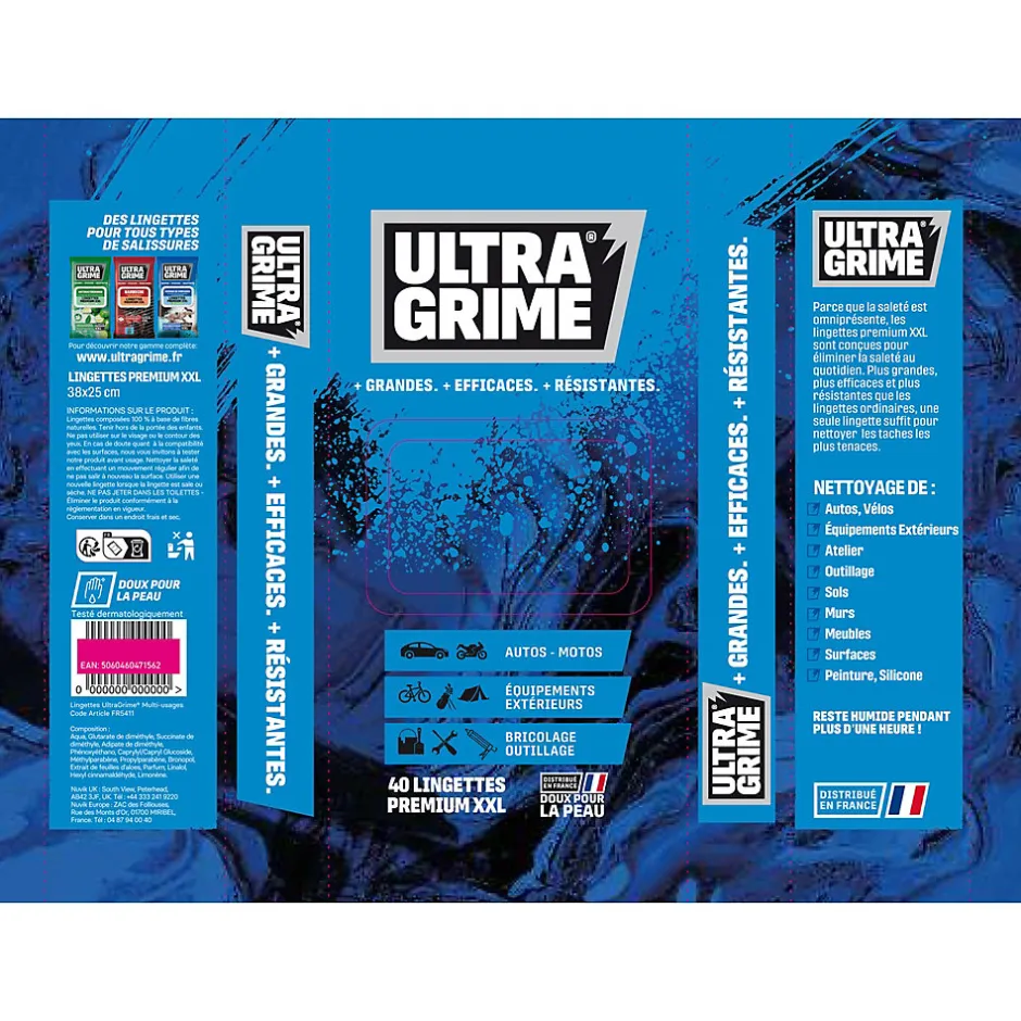 Ultragrime 40 lingettes multi-usages premium XXL L.38 x l.25 cm