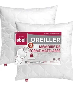 Abeil Lot de 2 Oreillers a mémoire de forme matelassés- 60x60 cm - Blanc Discount