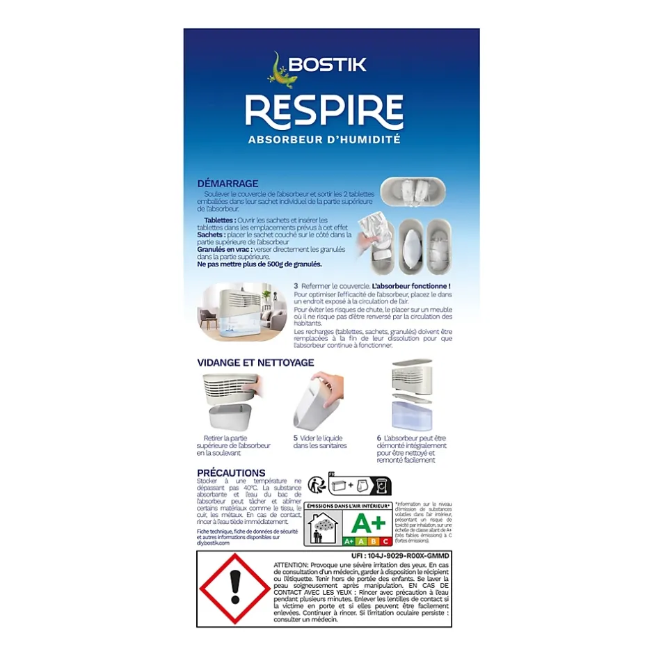 Bostik Absorbeur d'humidité avec 2 tablettes de 250 g Respire pour surface de 25 m² New