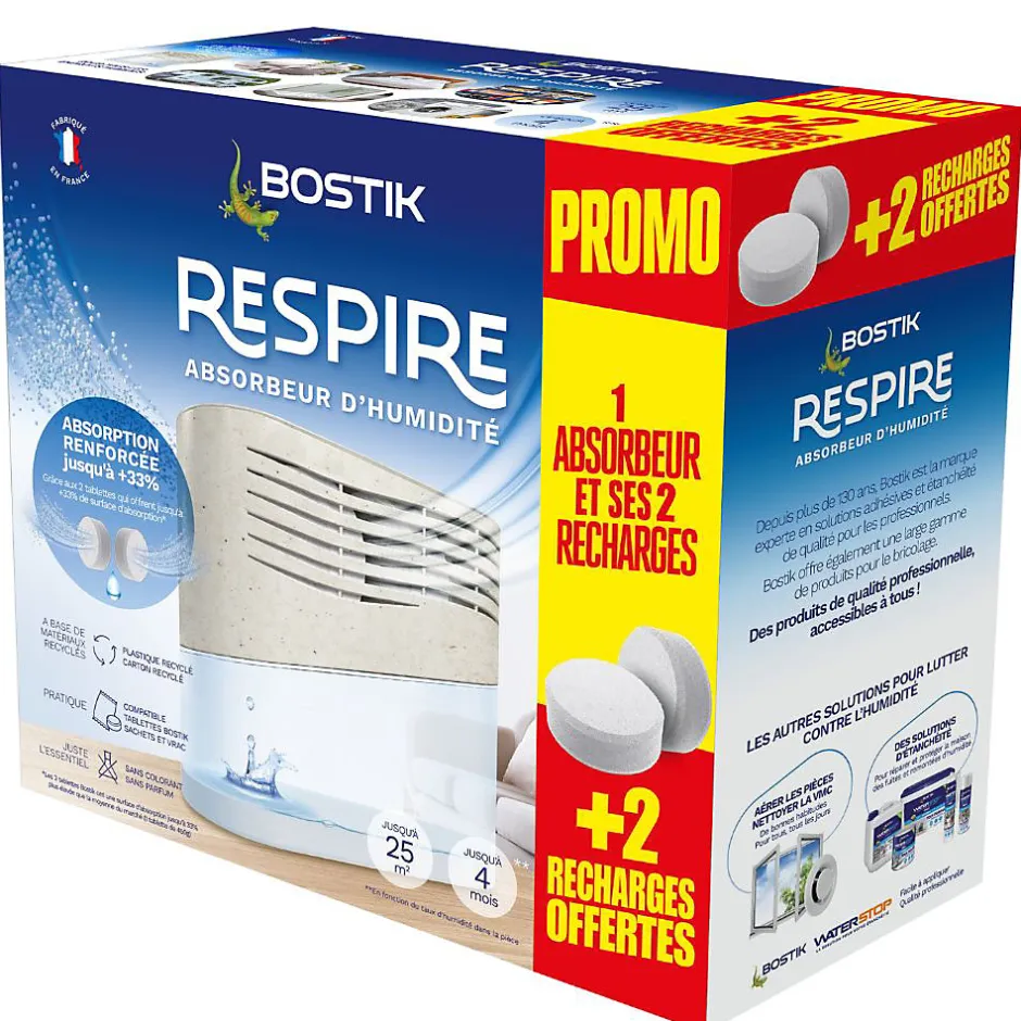 Bostik Absorbeur d'humidité avec 4 tablettes de 250 g Respire pour surface de 25 m²