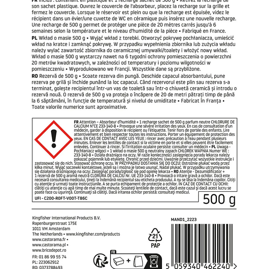 Absorbeur d'humidité 20m² + 1 recharge sachet 500g