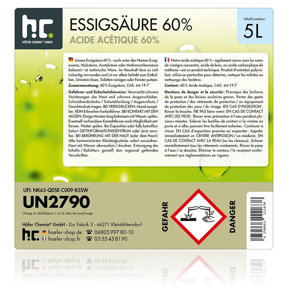 Höfer Chemie Acide Acétique 60 %, 2 x 5 L : Nettoyant Concentré, Et Économique Pour Un Usage Ménager Polyvalent