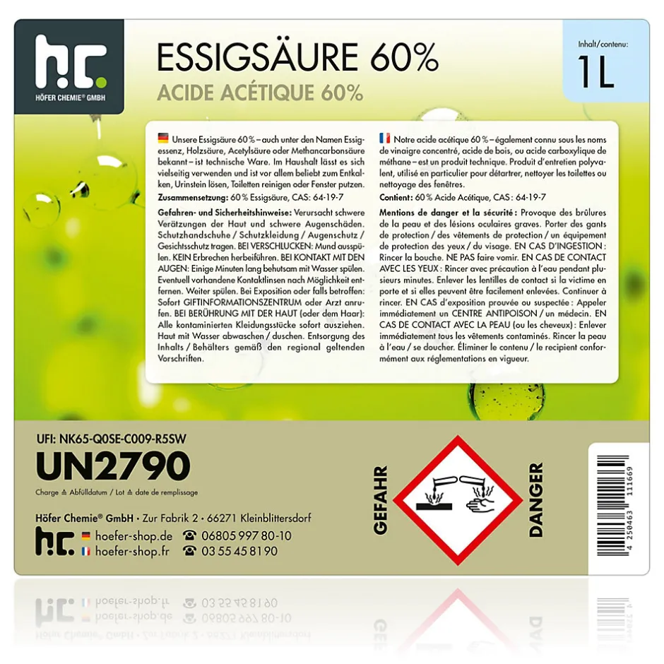 Höfer Chemie Acide Acétique 60 %, 15 x 1 L : Nettoyant Concentré, Et Économique Pour Un Usage Ménager Polyvalent