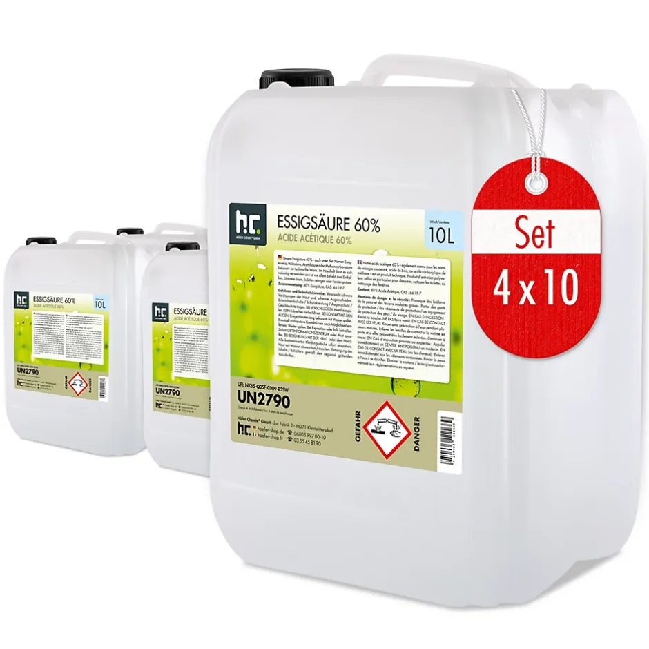 Höfer Chemie Acide Acétique 60 %, 4 x 10 L : Nettoyant Concentré, Et Économique Pour Un Usage Ménager Polyvalent Hot