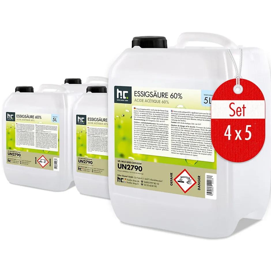 Höfer Chemie Acide Acétique 60 %, 4 x 5 L : Nettoyant Concentré, Et Économique Pour Un Usage Ménager Polyvalent