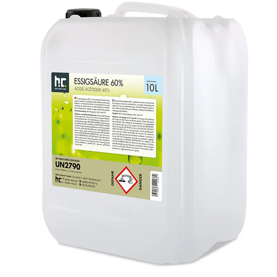 Höfer Chemie Acide Acétique 60 %, 1 x 10 L : Nettoyant Concentré, Et Économique Pour Un Usage Ménager Polyvalent