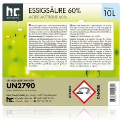 Höfer Chemie Acide Acétique 60 %, 1 x 10 L : Nettoyant Concentré, Et Économique Pour Un Usage Ménager Polyvalent