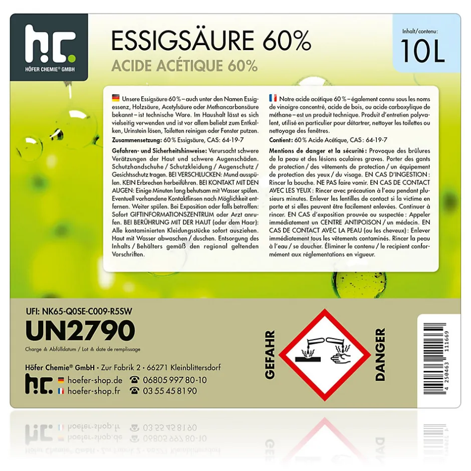 Höfer Chemie Acide Acétique 60 %, 1 x 10 L : Nettoyant Concentré, Et Économique Pour Un Usage Ménager Polyvalent