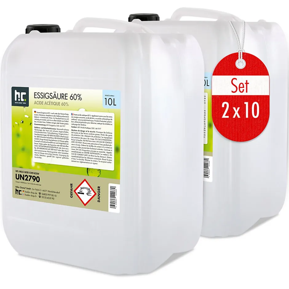Höfer Chemie Acide Acétique 60 %, 1 x 10 L : Nettoyant Concentré, Et Économique Pour Un Usage Ménager Polyvalent