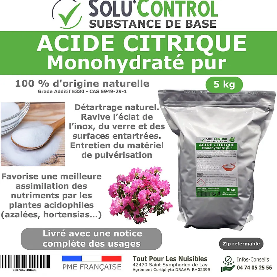 Tout Pour Les Nuisibles Acide citrique monohydraté pur 5 kg - 100% d'origine naturel - Nettoyer, détartrer, raviver l'inox et corriger le pH