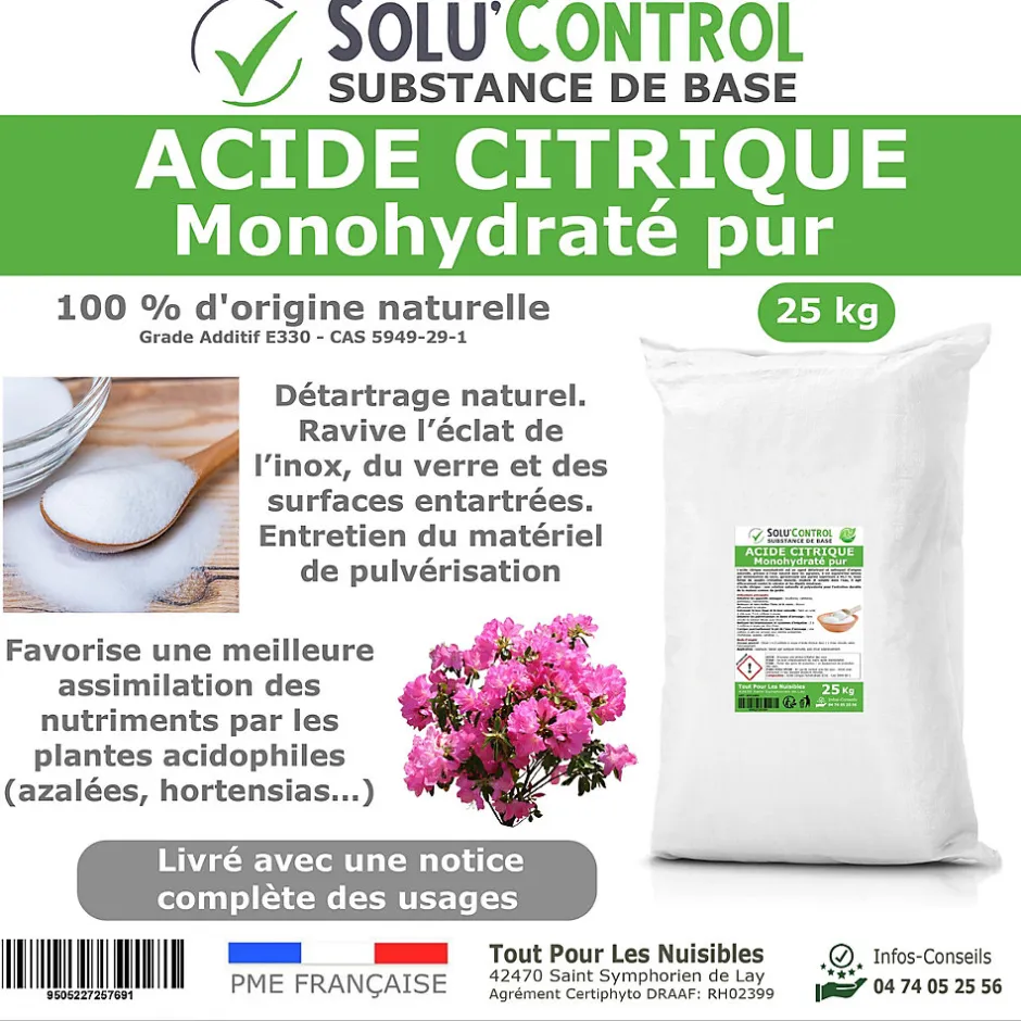 Tout Pour Les Nuisibles Acide citrique monohydraté pur 25 kg - 100% d'origine naturel - Nettoyer, détartrer, raviver l'inox et corriger le pH