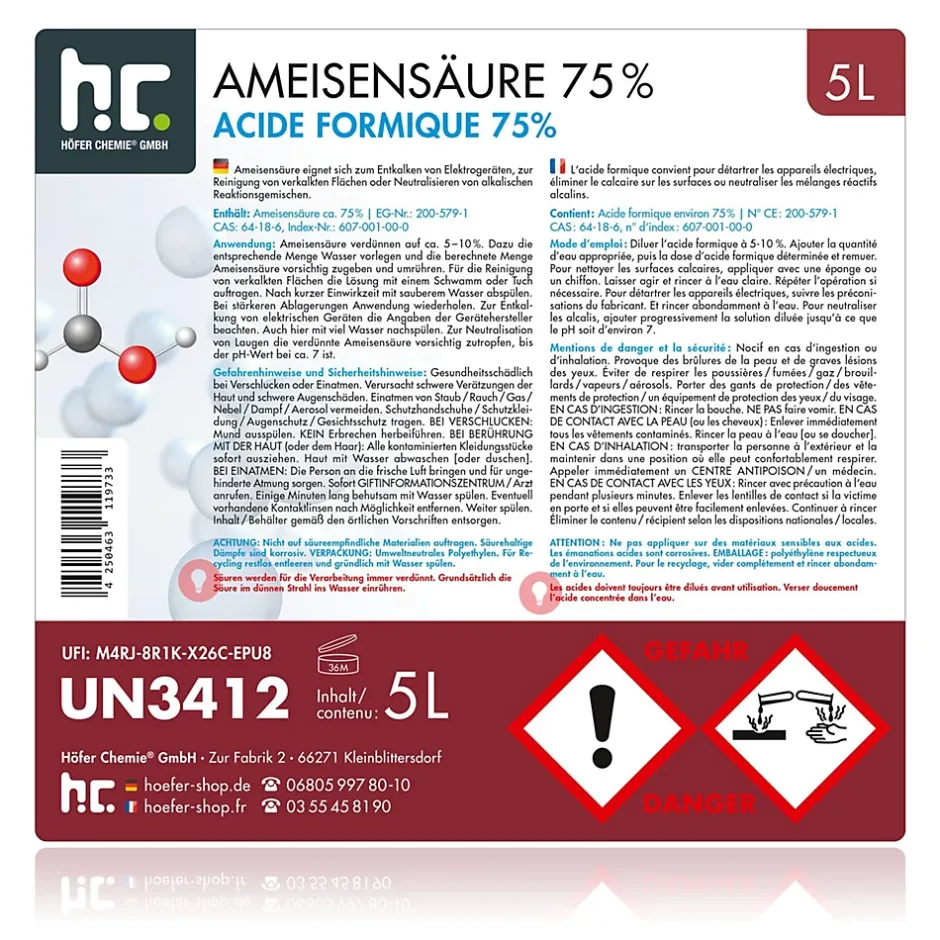 Höfer Chemie Acide Formique 75 % 4 x 5 L, Puissant Nettoyant Technique Pour Détartrage, Décapage Et Traitement Du Cuir Best