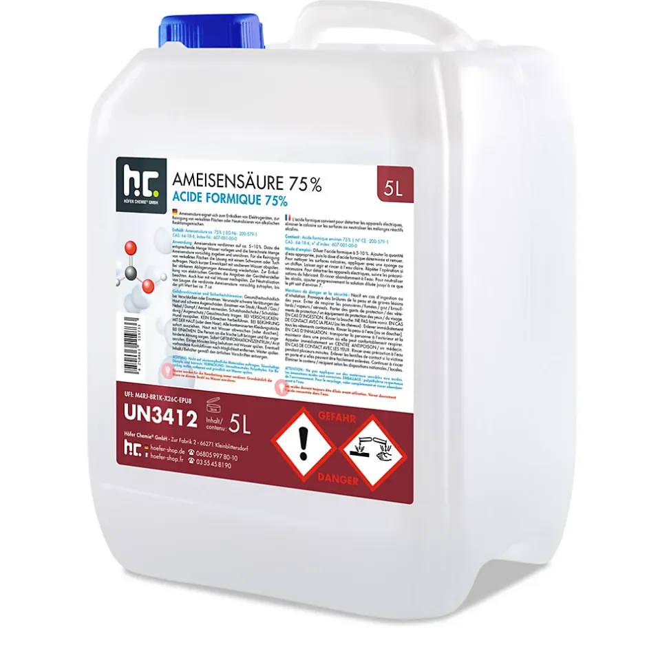 Höfer Chemie Acide Formique 75 % 4 x 5 L, Puissant Nettoyant Technique Pour Détartrage, Décapage Et Traitement Du Cuir Best