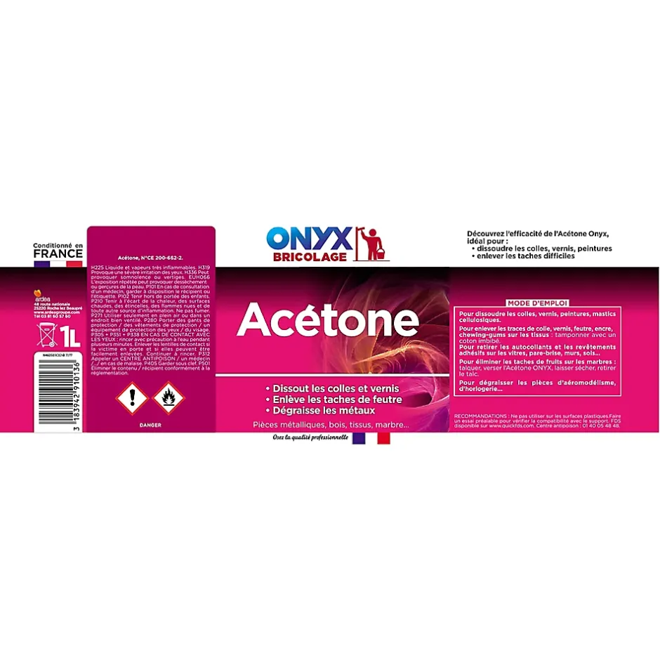 Onyx Acétone dissolvant spécial colle et vernis 1L Clearance