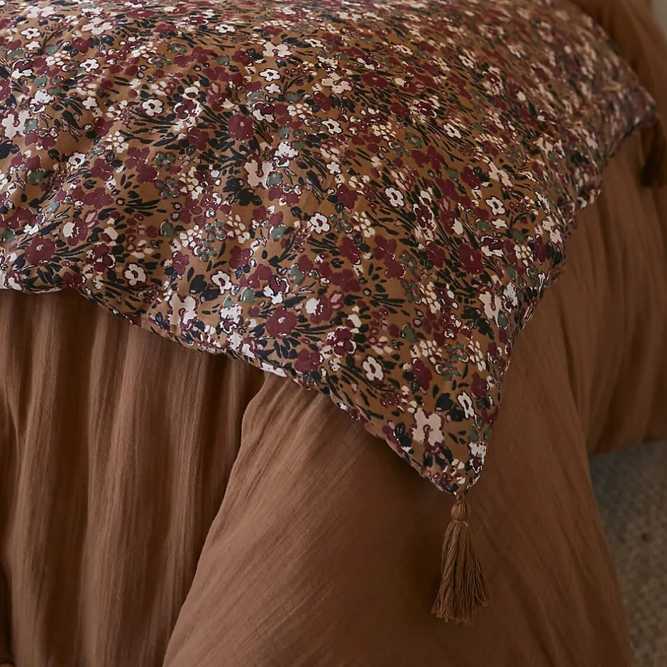 Altobuy ADONIS - Chemin de Lit 90x200cm Gaze de Coton Brun Imprimé Fleur Détail 4 Pompons