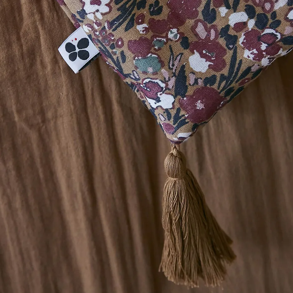 Altobuy ADONIS - Chemin de Lit 90x200cm Gaze de Coton Brun Imprimé Fleur Détail 4 Pompons