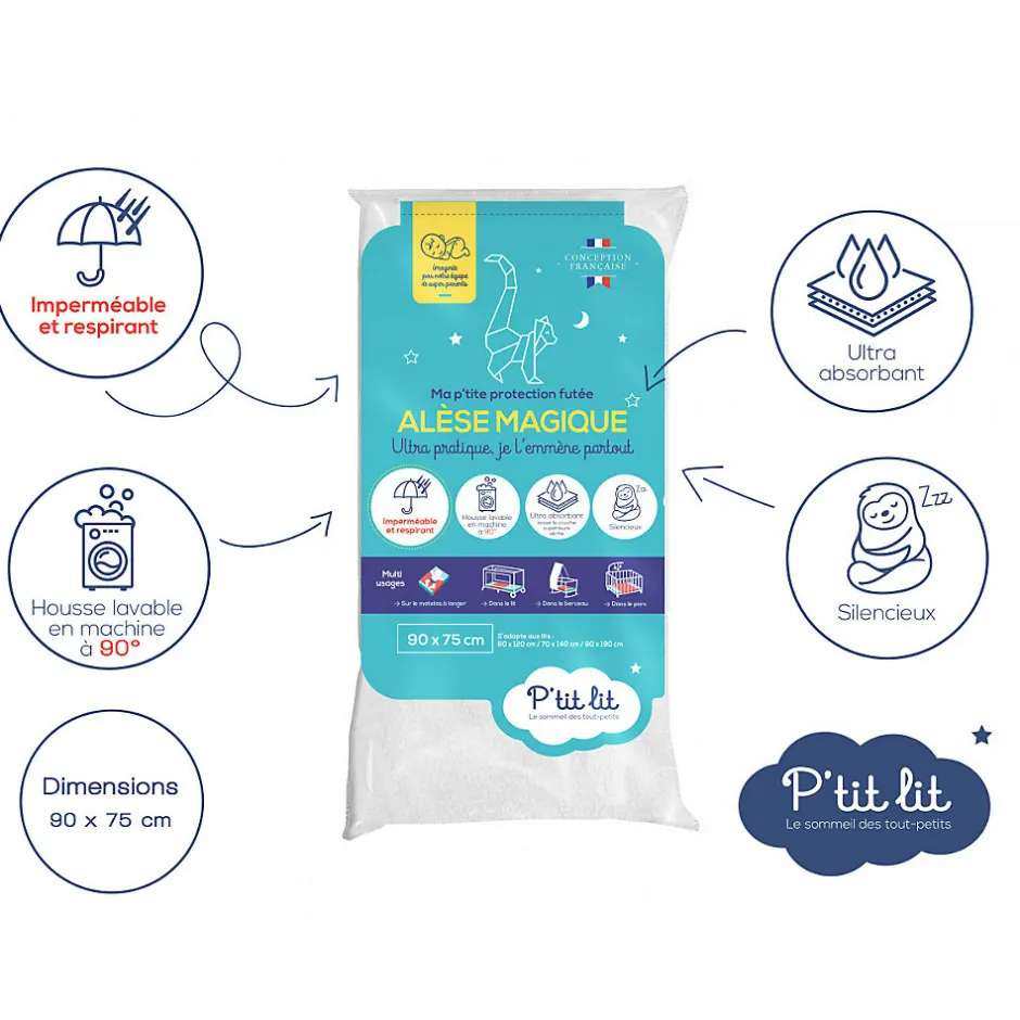 P’Tit Lit Alèse Bébé Imperméable Absorbante - Protège Matelas Lavable à 90 degrés - Tout type de lit : 60x120/70x140/40x80/90x190/50x90
