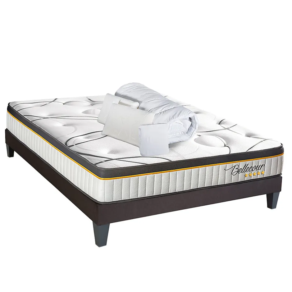 Bellecour LITERIE Pack 3.0 140x200 cm Matelas Ressorts + Sommier Bois + Accessoires