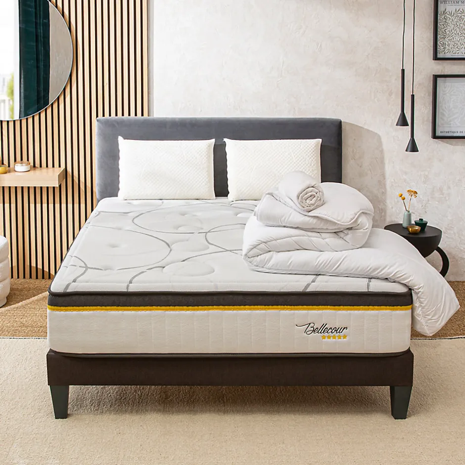 Bellecour LITERIE Pack 3.0 140x200 cm Matelas Ressorts + Sommier Bois + Accessoires