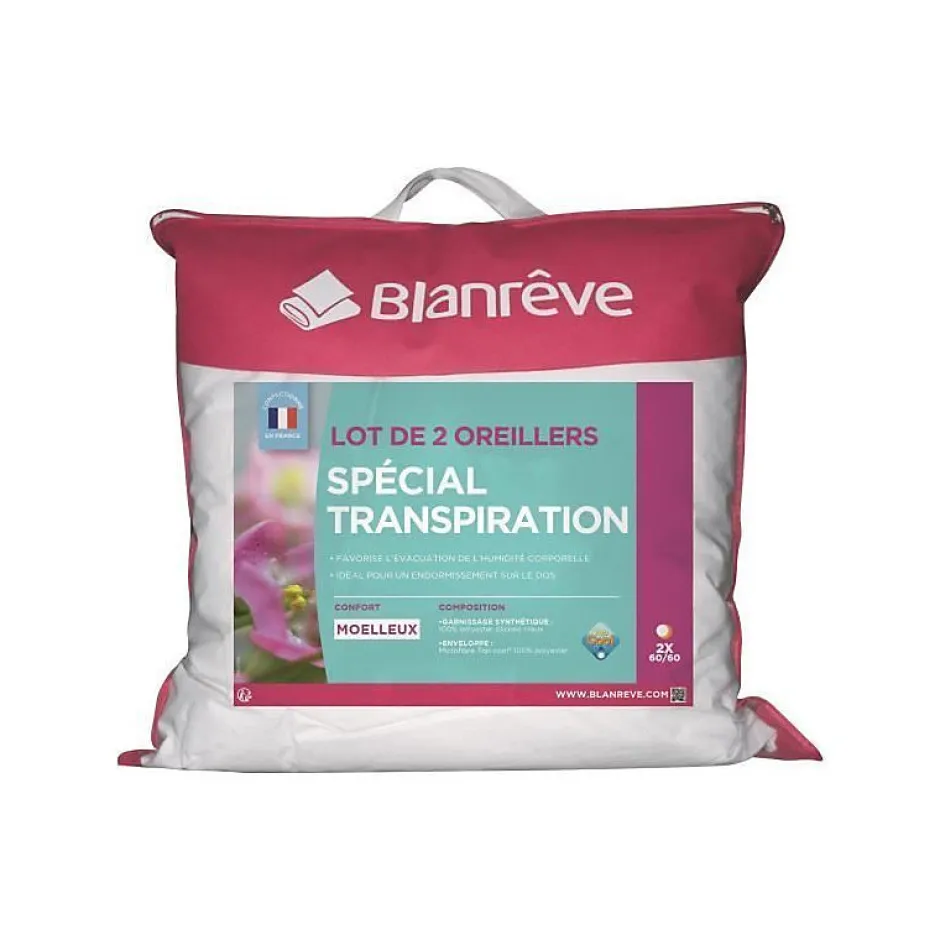 Blanreve Lot de 2 Oreillers Special Transpiration - 60 x 60 cm - Blanc Clearance