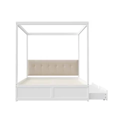ProximaX Cadre de lit à baldaquin 140 x 200 cm avec 2 grands tiroirs et dossier moelleux, lit en bois blanc New