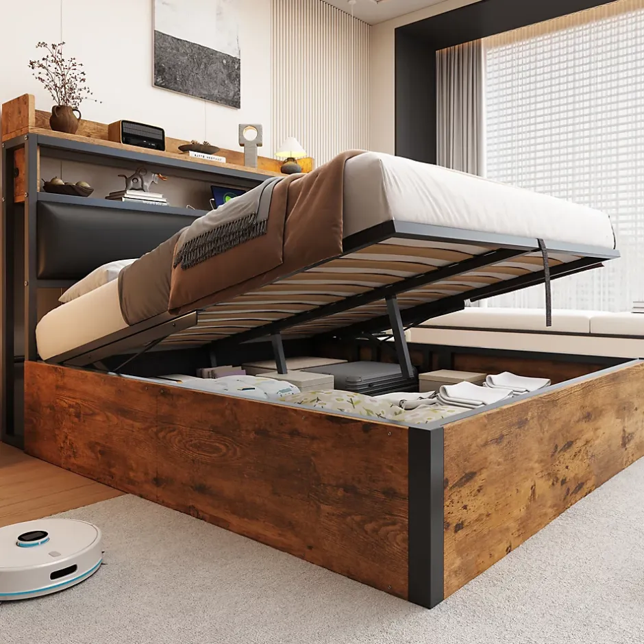 Redom Cadre de lit 140 par 200 cm avec mécanisme hydraulique USB tête rembourrée design bois et métal rangement caché noir Clearance
