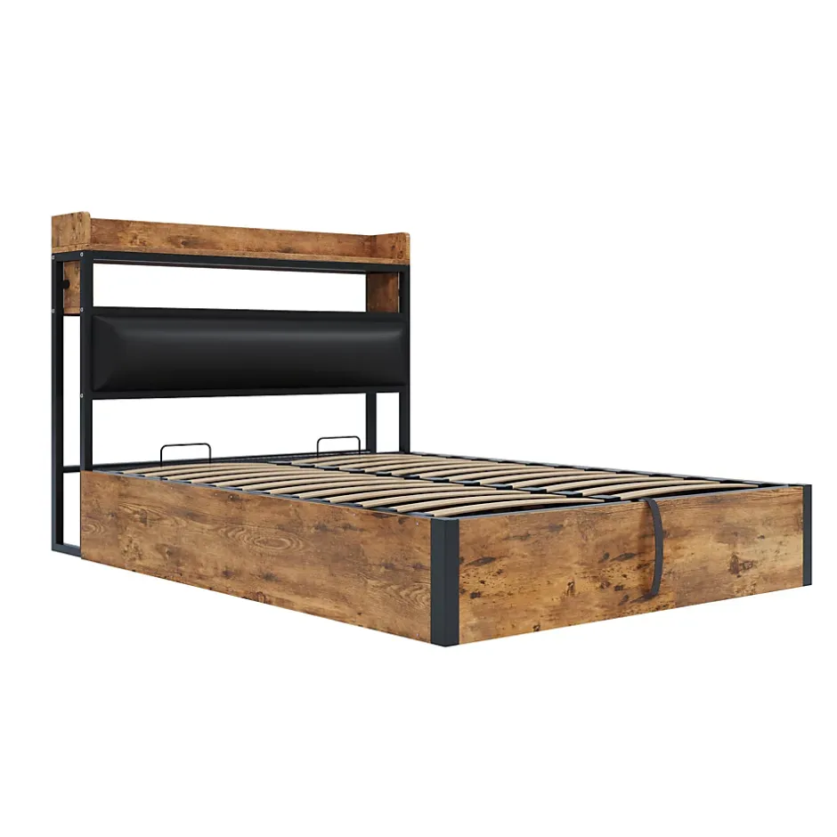 Redom Cadre de lit 140 par 200 cm avec mécanisme hydraulique USB tête rembourrée design bois et métal rangement caché noir Clearance