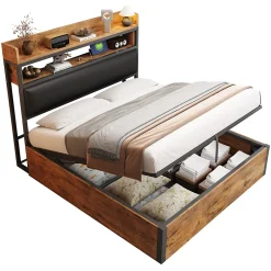 Redom Cadre de lit 140 par 200 cm avec mécanisme hydraulique USB tête rembourrée design bois et métal rangement caché noir Clearance