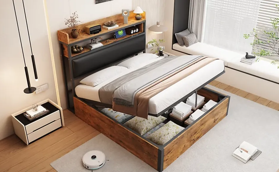 Redom Cadre de lit 140 par 200 cm avec mécanisme hydraulique USB tête rembourrée design bois et métal rangement caché noir Clearance