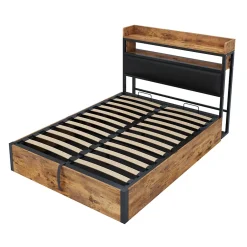 Redom Cadre de lit 140 par 200 cm avec mécanisme hydraulique USB tête rembourrée design bois et métal rangement caché noir Clearance