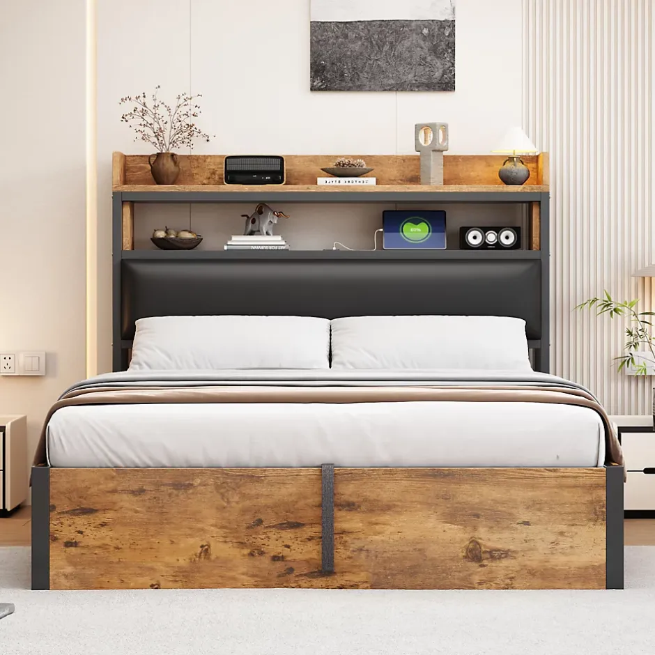 Redom Cadre de lit 140 par 200 cm avec mécanisme hydraulique USB tête rembourrée design bois et métal rangement caché noir Clearance