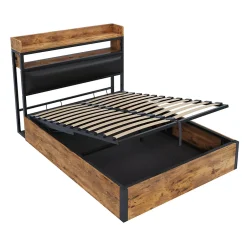 Redom Cadre de lit 140 par 200 cm avec mécanisme hydraulique USB tête rembourrée design bois et métal rangement caché noir Clearance