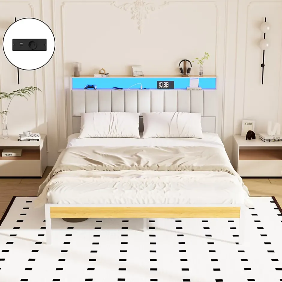 Teeno Cadre de lit, 160 x 200 avec Base en métal, lit 2 Personnes, avec lumières LED et Prises Multiples (1 Prise AC, 2 Ports USB) Online