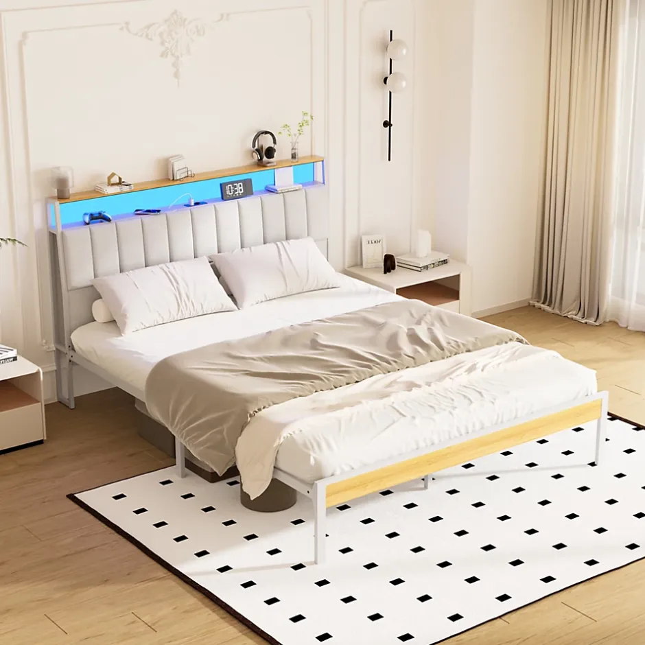 Teeno Cadre de lit, 160 x 200 avec Base en métal, lit 2 Personnes, avec lumières LED et Prises Multiples (1 Prise AC, 2 Ports USB) Online