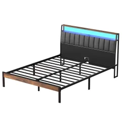 Teeno Cadre de lit 160 x 200 avec Base en métal, lit 2 Personnes, avec lumières LED et Prises Multiples (1 Prise AC, 2 Ports USB), avec