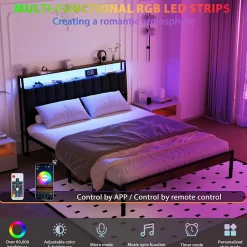 Teeno Cadre de lit 160 x 200 avec Base en métal, lit 2 Personnes, avec lumières LED et Prises Multiples (1 Prise AC, 2 Ports USB), avec