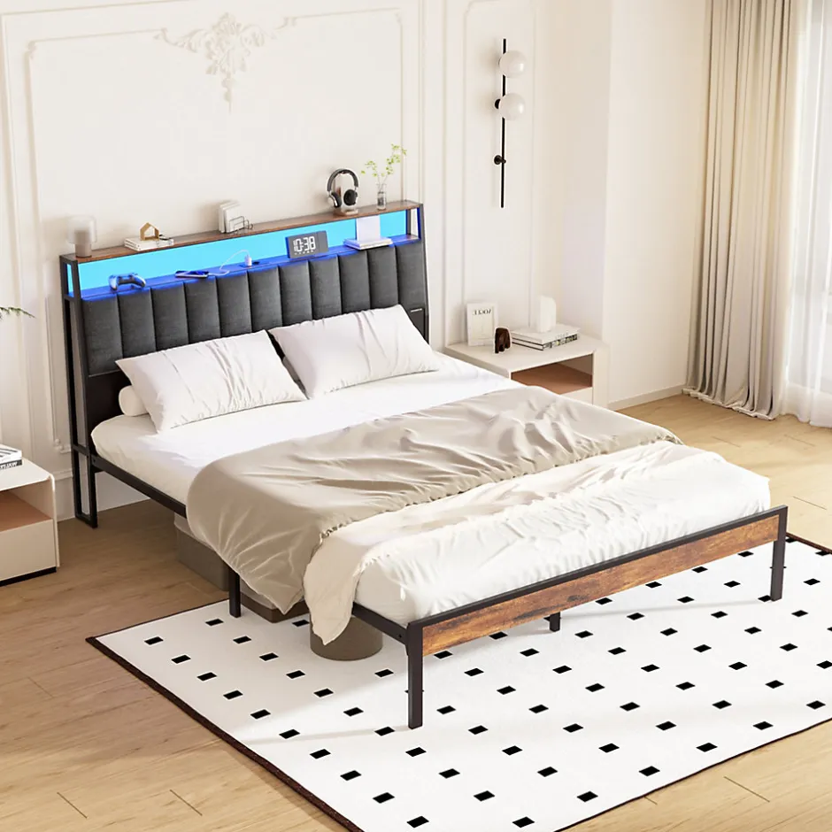 Teeno Cadre de lit 160 x 200 avec Base en métal, lit 2 Personnes, avec lumières LED et Prises Multiples (1 Prise AC, 2 Ports USB), avec