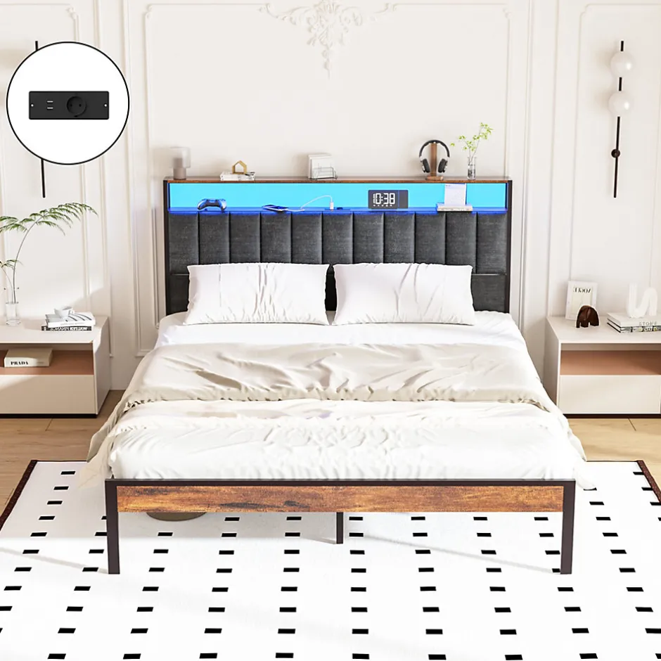 Teeno Cadre de lit 160 x 200 avec Base en métal, lit 2 Personnes, avec lumières LED et Prises Multiples (1 Prise AC, 2 Ports USB), avec