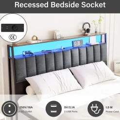 Teeno Cadre de lit 160 x 200 avec Base en métal, lit 2 Personnes, avec lumières LED et Prises Multiples (1 Prise AC, 2 Ports USB), avec