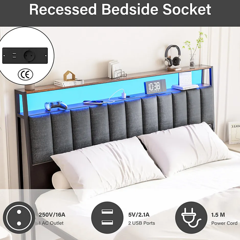 Teeno Cadre de lit 160 x 200 avec Base en métal, lit 2 Personnes, avec lumières LED et Prises Multiples (1 Prise AC, 2 Ports USB), avec