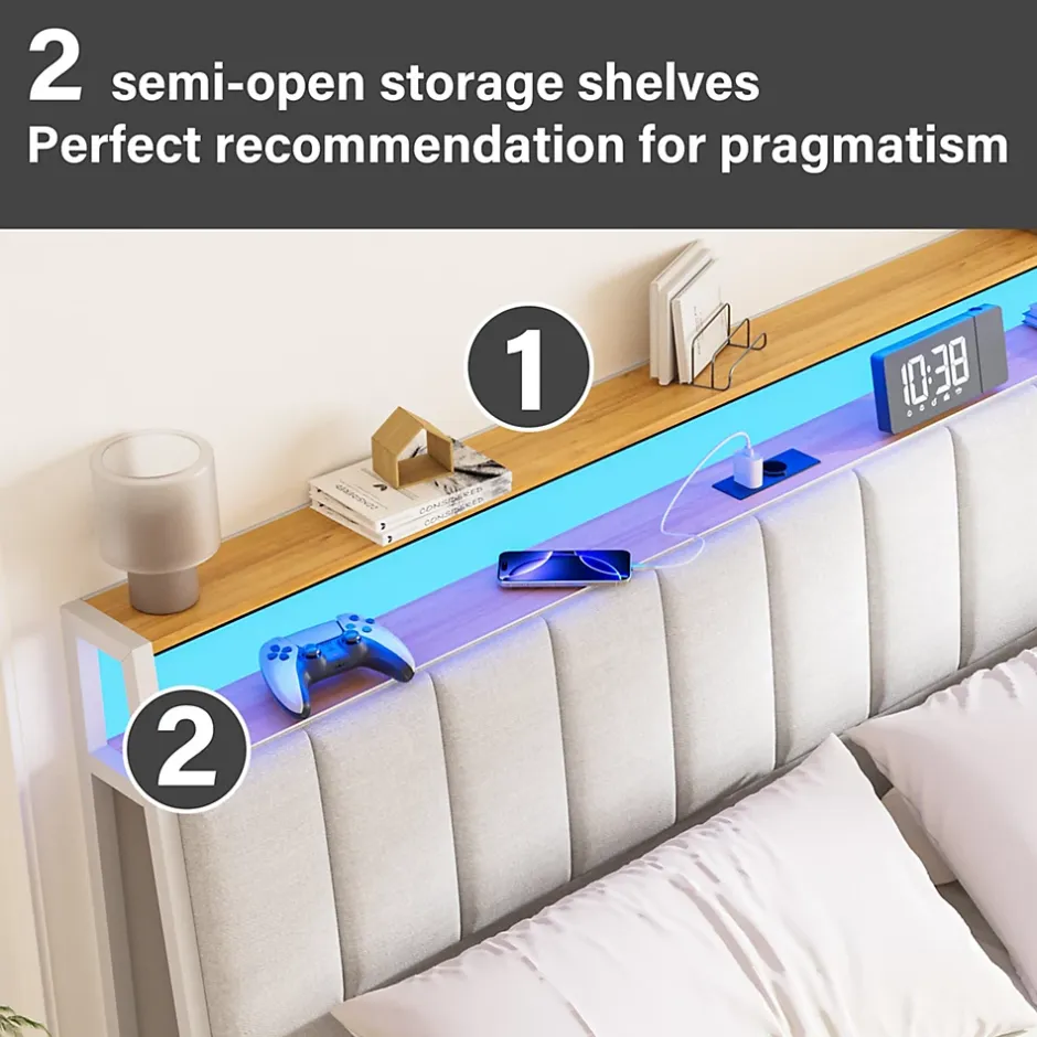 Teeno Cadre de lit, 140 x 190 avec Base en métal, lit 2 Personnes, avec lumières LED et Prises Multiples (1 Prise AC, 2 Ports USB), lit Discount