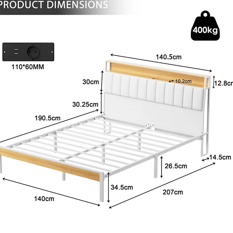 Teeno Cadre de lit, 140 x 190 avec Base en métal, lit 2 Personnes, avec lumières LED et Prises Multiples (1 Prise AC, 2 Ports USB), lit Discount
