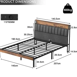 Teeno Cadre de lit 140 x 190 avec Base en métal, lit 2 Personnes, avec lumières LED et Prises Multiples (1 Prise AC, 2 Ports USB), avec