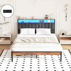 Teeno Cadre de lit 140 x 190 avec Base en métal, lit 2 Personnes, avec lumières LED et Prises Multiples (1 Prise AC, 2 Ports USB), avec