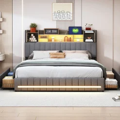 ProximaX Cadre de lit double gris 140x190 cm, sommier à lattes, rembourré avec tête de lit rangement, 4 tiroirs intégrés et montage facile