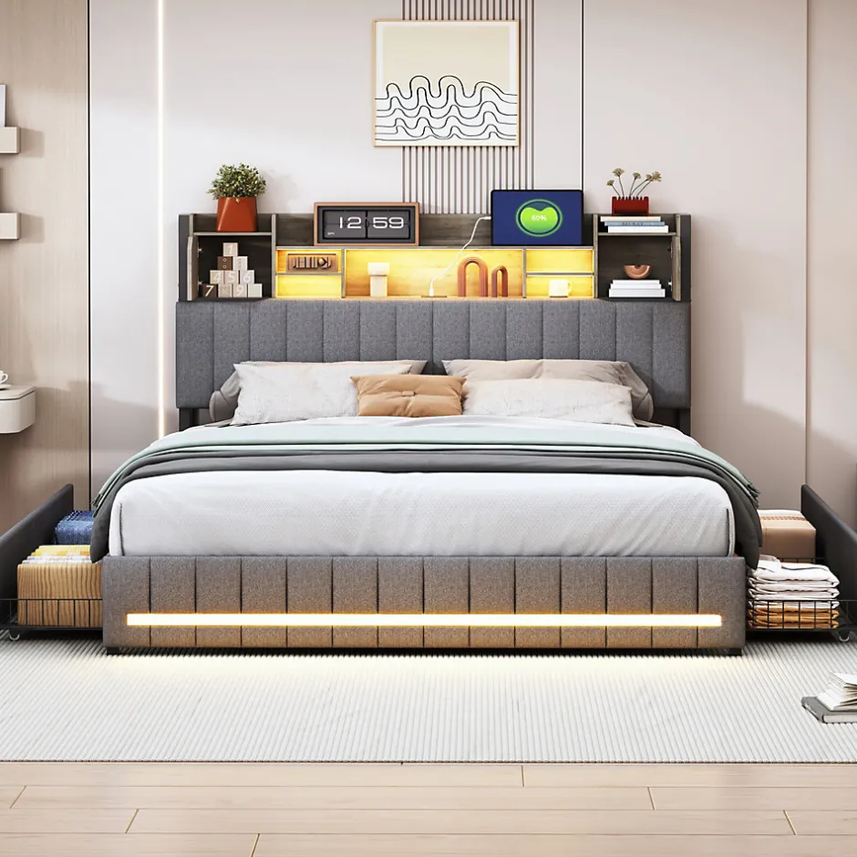 ProximaX Cadre de lit double gris 140x190 cm, sommier à lattes, rembourré avec tête de lit rangement, 4 tiroirs intégrés et montage facile