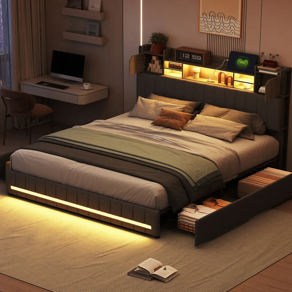ProximaX Cadre de lit double gris 140x190 cm, sommier à lattes, rembourré avec tête de lit rangement, 4 tiroirs intégrés et montage facile