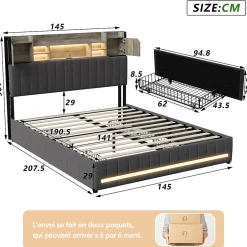 ProximaX Cadre de lit double gris 140x190 cm, sommier à lattes, rembourré avec tête de lit rangement, 4 tiroirs intégrés et montage facile