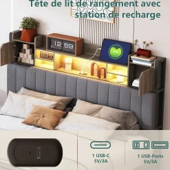 ProximaX Cadre de lit double gris 140x190 cm, sommier à lattes, rembourré avec tête de lit rangement, 4 tiroirs intégrés et montage facile